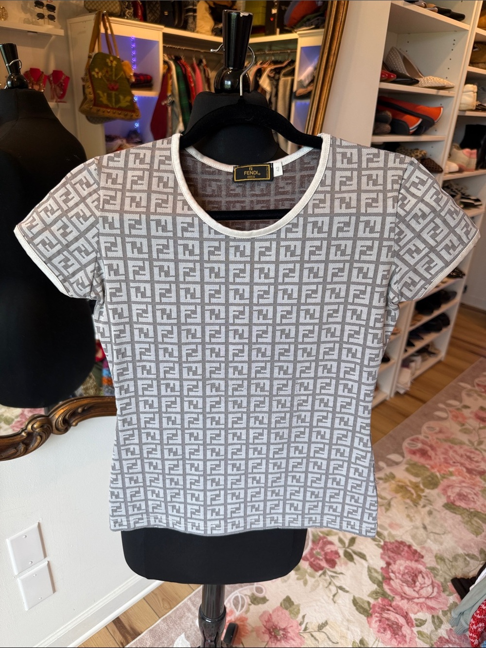 Fendi White and Gray FF Logo Short Sleeve Tee